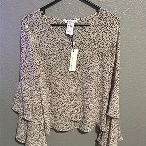 Newbury Kustom Cream Tan Asymmetrical Tiered Blouse